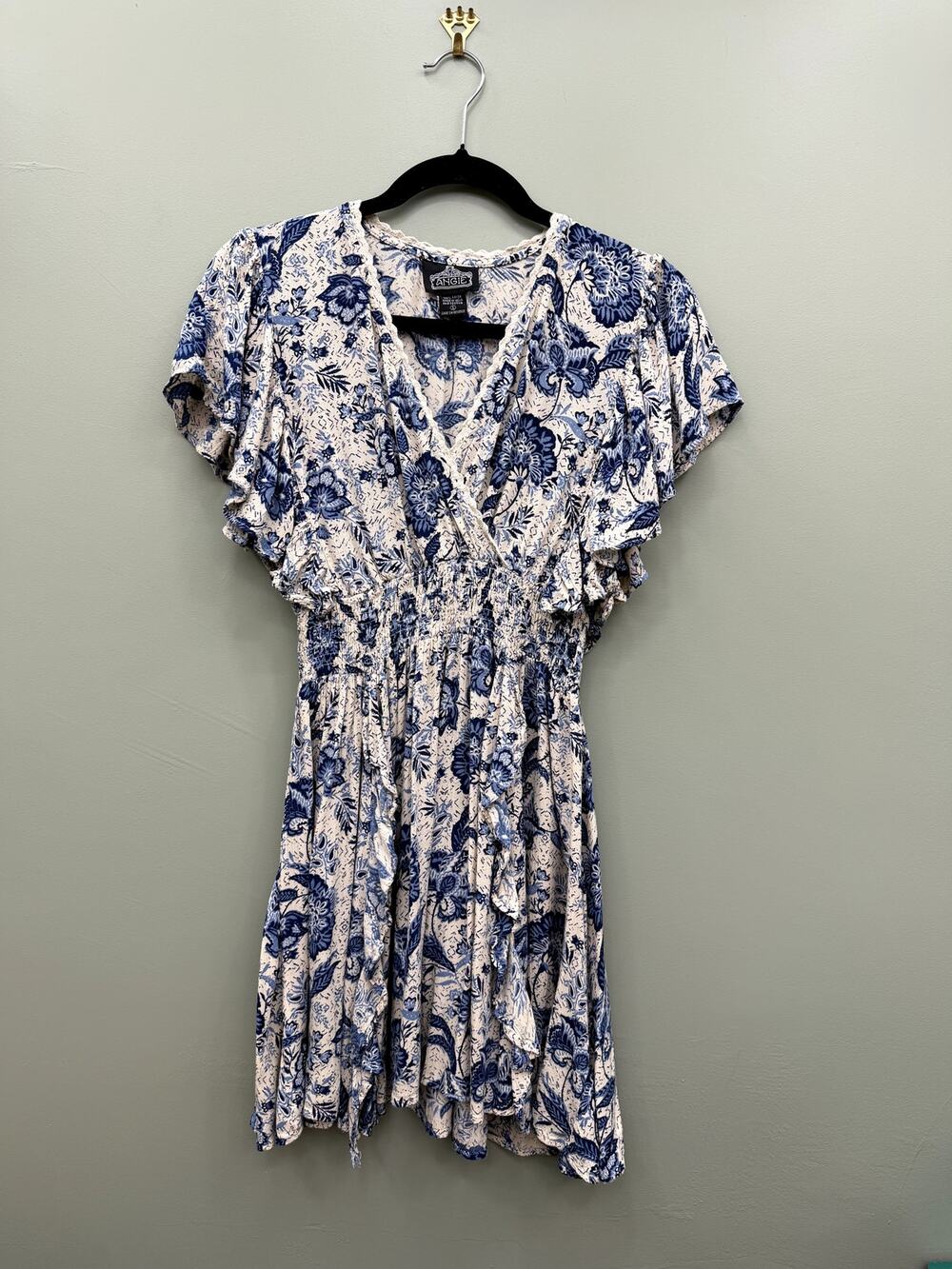 Angie Blue & Ivory Floral Faux Wrap Boho Mini Dress Smocked Waist Size S